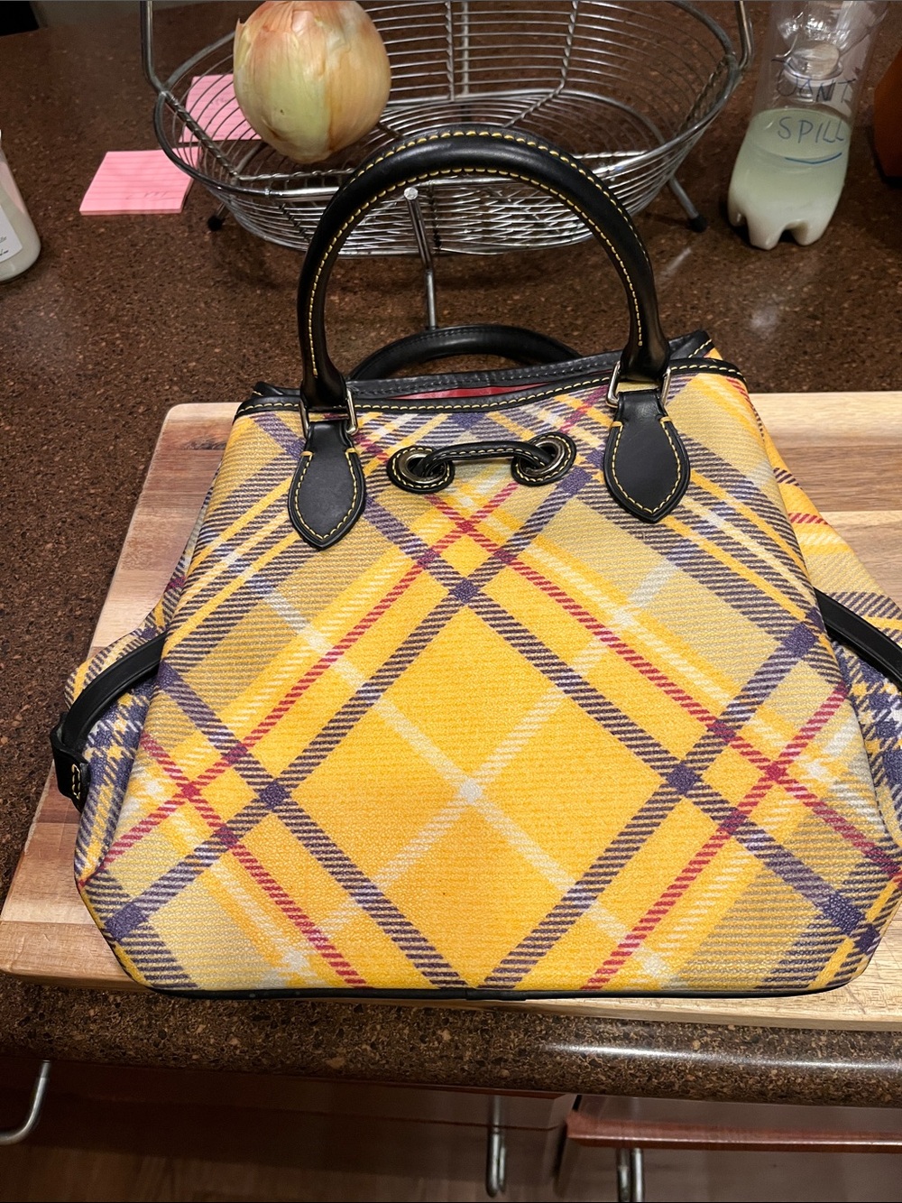 Dooney & Bourke Yellow Plaid Tote with Black Trim and Tassels - Picture 2 of 4